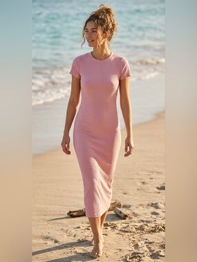 Free People FP Beach Ribbed Short-Sleeve Pink BodyCon Midi Dress